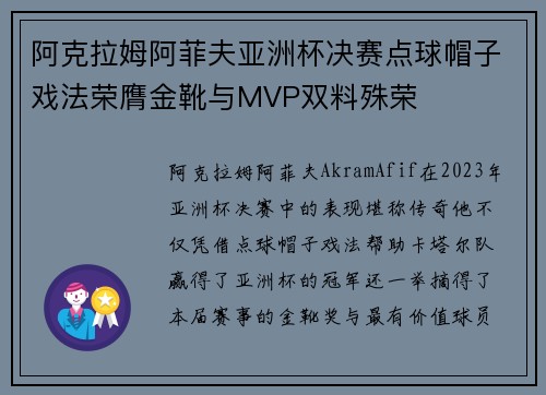 阿克拉姆阿菲夫亚洲杯决赛点球帽子戏法荣膺金靴与MVP双料殊荣